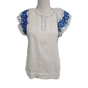 J Crew White Blue Floral Embroidered 100% Linen Flutter Sleeve Blouse Top Size S